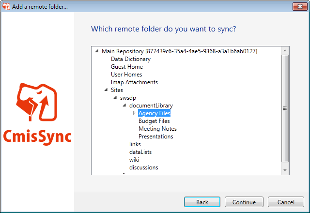 Selecting which CMIS folder to synchronize