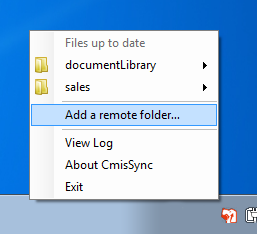 CmisSync tray icon menu